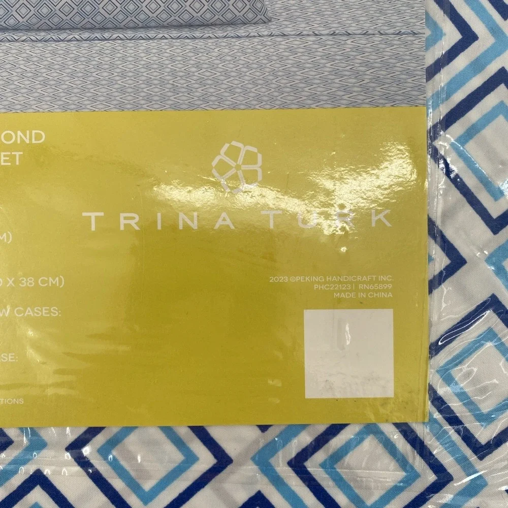 Trina Turk Sheet Set FULL White Blue Sonia Geo Diamond Geometric Colorful Modern